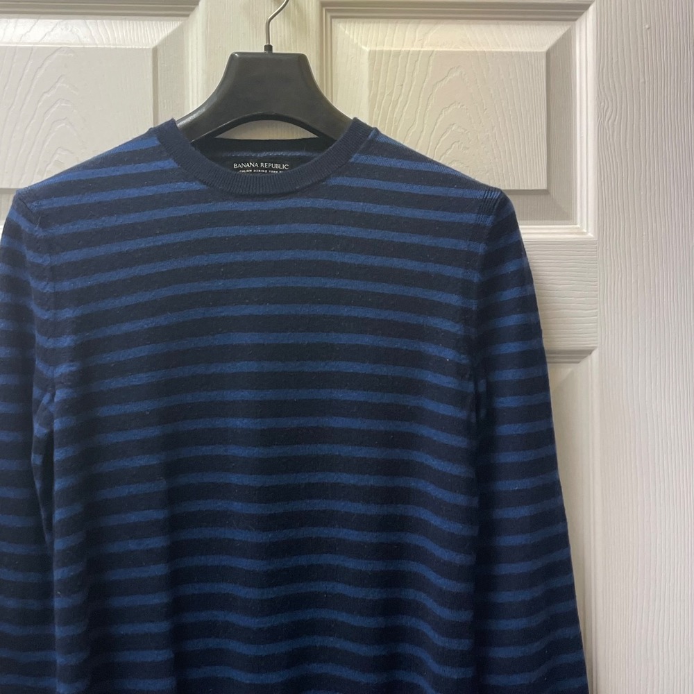 Banana Republic Baruffa Sweater Medium Blue Stripe Italian Merino Wool Crew Neck